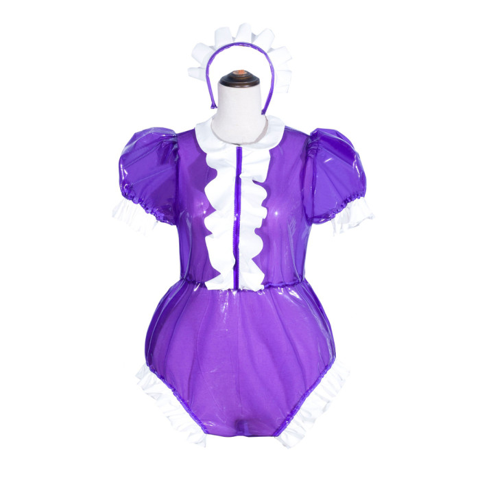 Purple Clear PVC Sissy Maid Lockable Peter Pan Collar Puff Sleeves Short Romper G4062