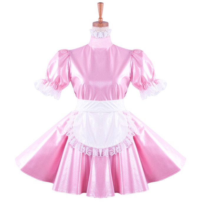 Pink Leather Sissy Maid Lockable High Collar Puff Sleeves Short Dress G1424
