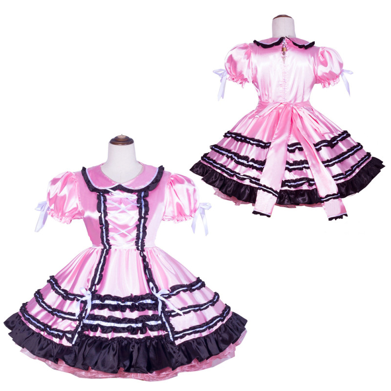 Pink Satin Sissy Maid Lockable Peter Pan Collar Puff Sleeves Short Dress G4068
