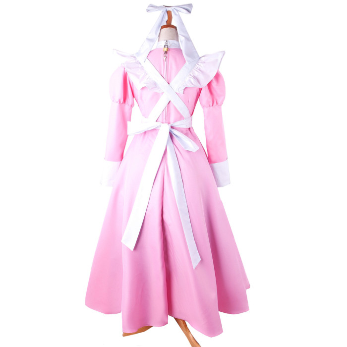 Pink Cotton Sissy Maid Lockable High Collar Puff Sleeves Long Dress G1411