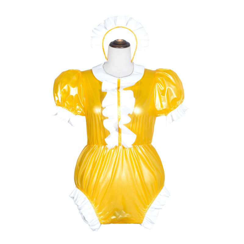 Yellow Clear PVC Sissy Maid Lockable Peter Pan Collar Puff Sleeves Short Romper G4066
