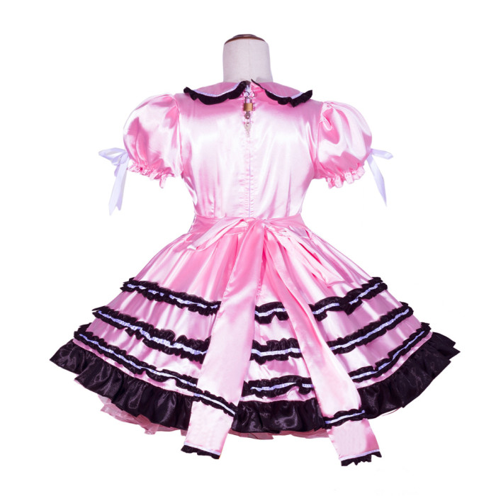 Pink Satin Sissy Maid Lockable Peter Pan Collar Puff Sleeves Short Dress G4068