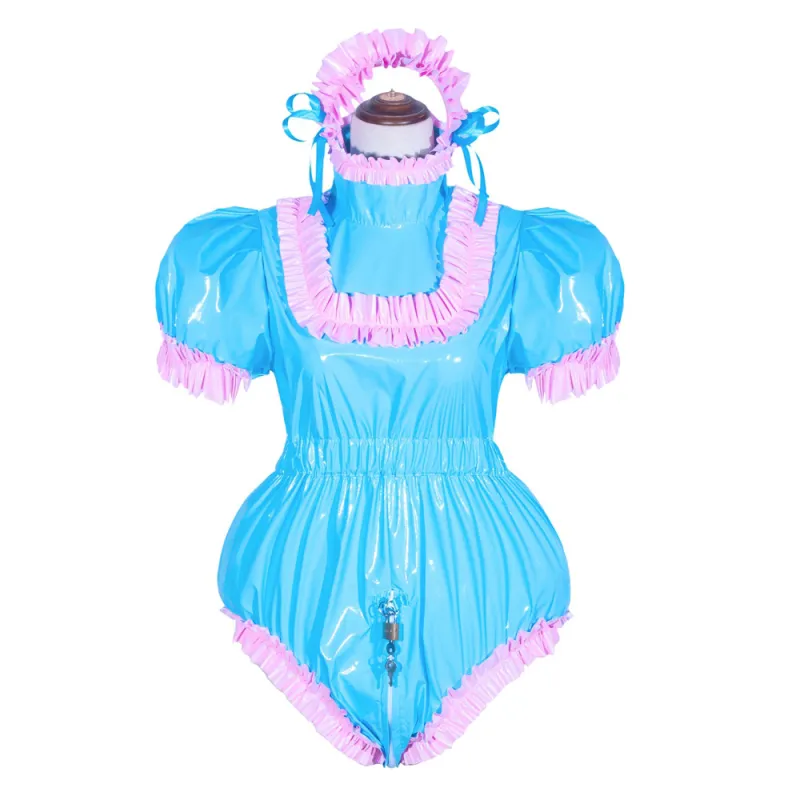 Blue Thin PVC Sissy Maid Lockable High Collar Puff Sleeves Short Romper G4050