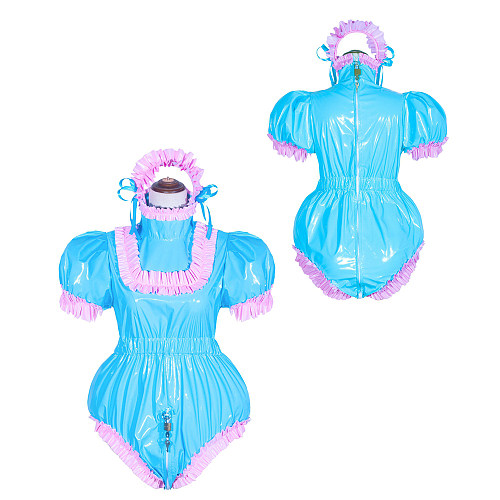 Blue Thin PVC Sissy Maid Lockable High Collar Puff Sleeves Short Romper G4050