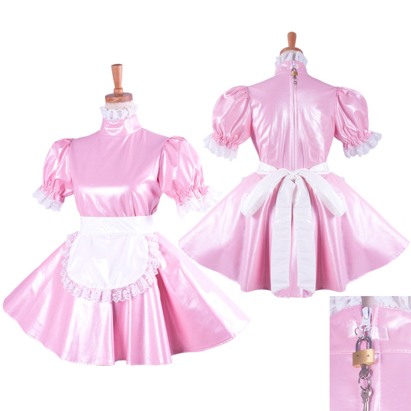 Pink Leather Sissy Maid Lockable High Collar Puff Sleeves Short Dress G1424