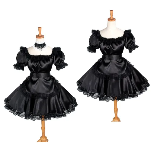 Black Satin Sissy Maid Square Collar Puff Sleeves Short Dress G1228