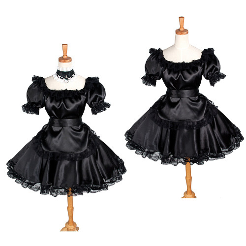 Black Satin Sissy Maid Square Collar Puff Sleeves Short Dress G1228