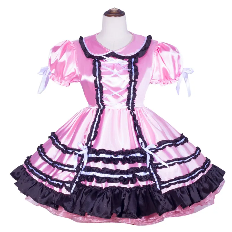 Pink Satin Sissy Maid Lockable Peter Pan Collar Puff Sleeves Short Dress G4068