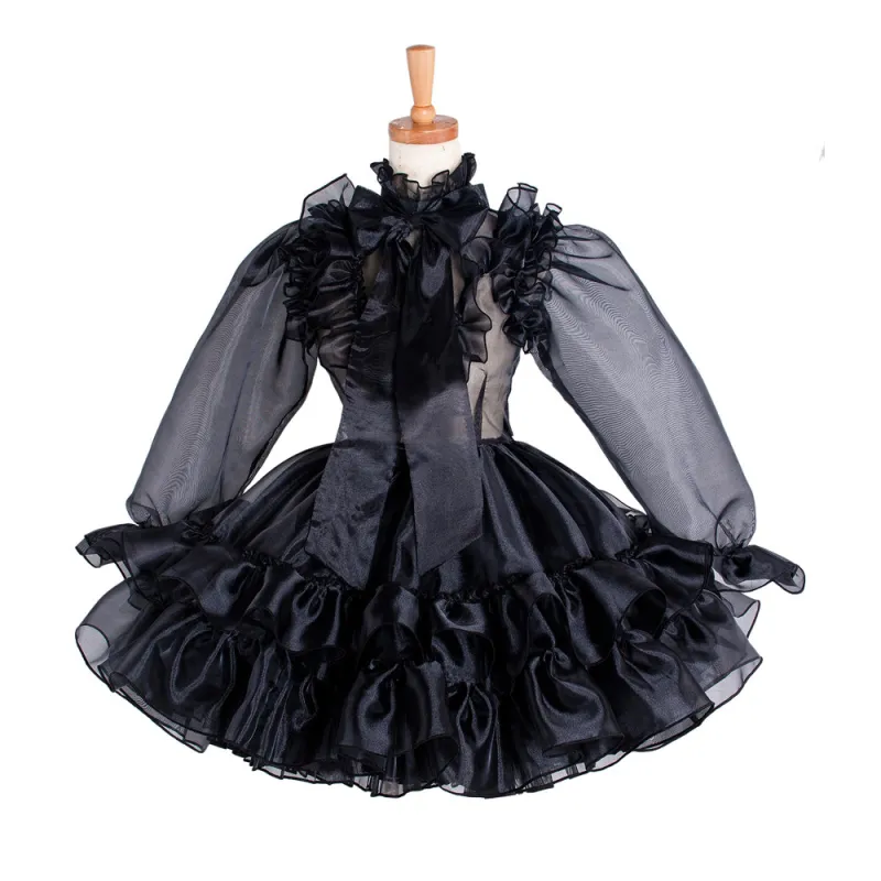 Black Satin Sissy Maid Lockable High Collar Puff Sleeves Short Dress G1214