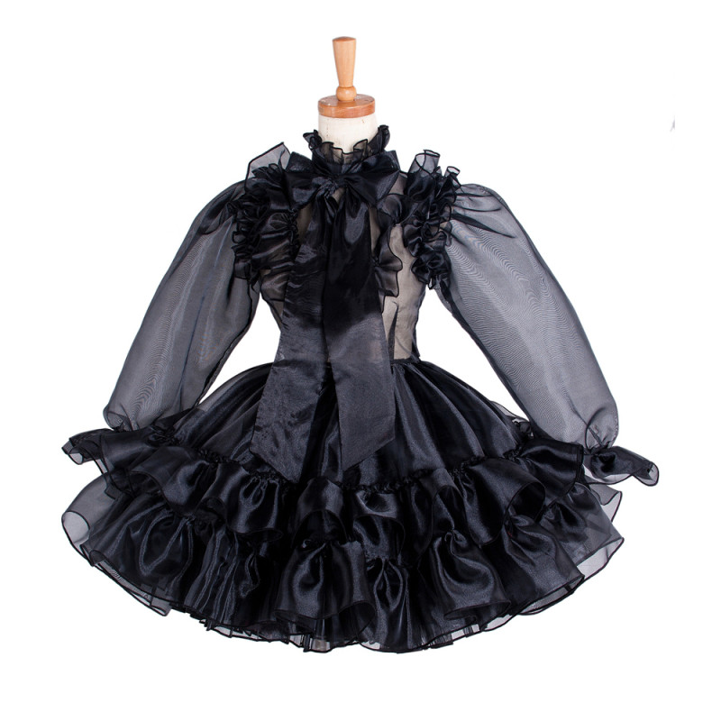 Black Satin Sissy Maid Lockable High Collar Puff Sleeves Short Dress G1214