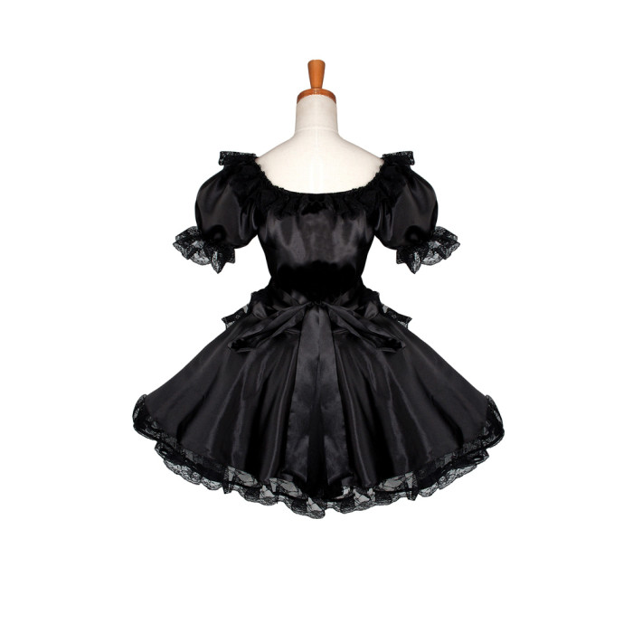 Black Satin Sissy Maid Square Collar Puff Sleeves Short Dress G1228