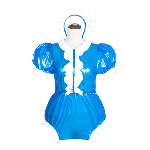 Blue Clear PVC Sissy Maid Lockable Peter Pan Collar Puff Sleeves Short Romper G4065