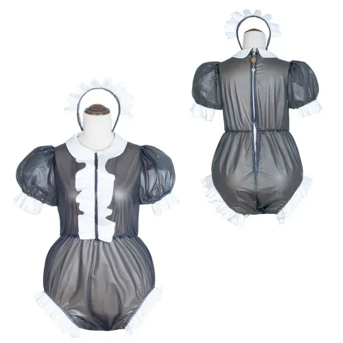 Black Clear PVC Sissy Maid Lockable Peter Pan Collar Puff Sleeves Short Romper G4058