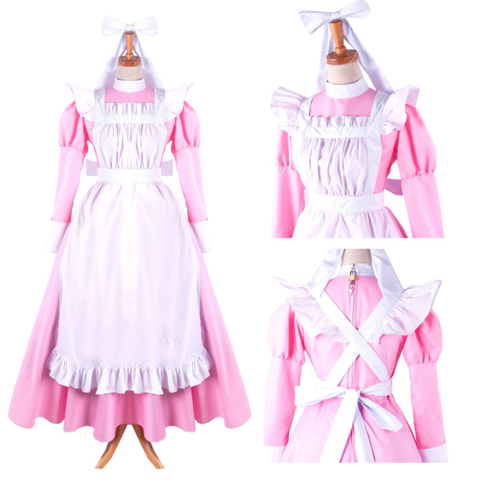 Pink Cotton Sissy Maid Lockable High Collar Puff Sleeves Long Dress G1411