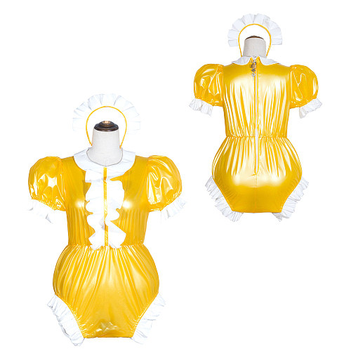 Yellow Clear PVC Sissy Maid Lockable Peter Pan Collar Puff Sleeves Short Romper G4066