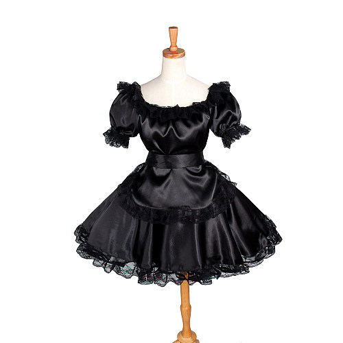 Black Satin Sissy Maid Square Collar Puff Sleeves Short Dress G1228