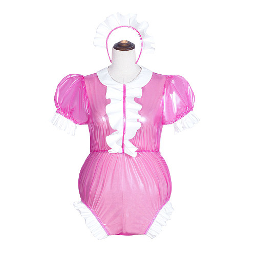 Hot Pink Clear PVC Sissy Maid Lockable Peter Pan Collar Puff Sleeves Short Romper G4067