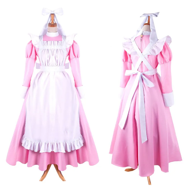 Pink Cotton Sissy Maid Lockable High Collar Puff Sleeves Long Dress G1411