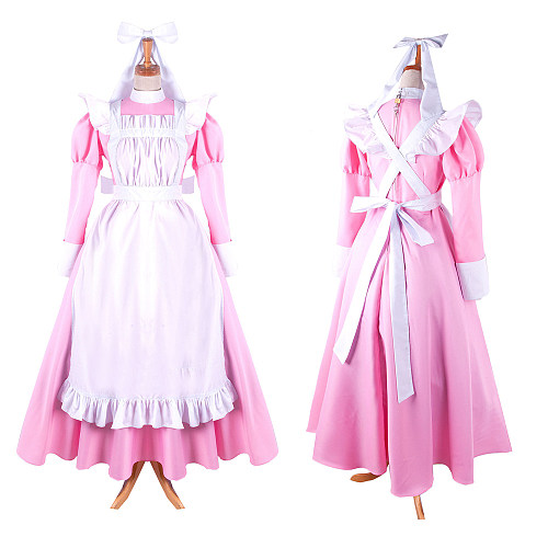 Pink Cotton Sissy Maid Lockable High Collar Puff Sleeves Long Dress G1411