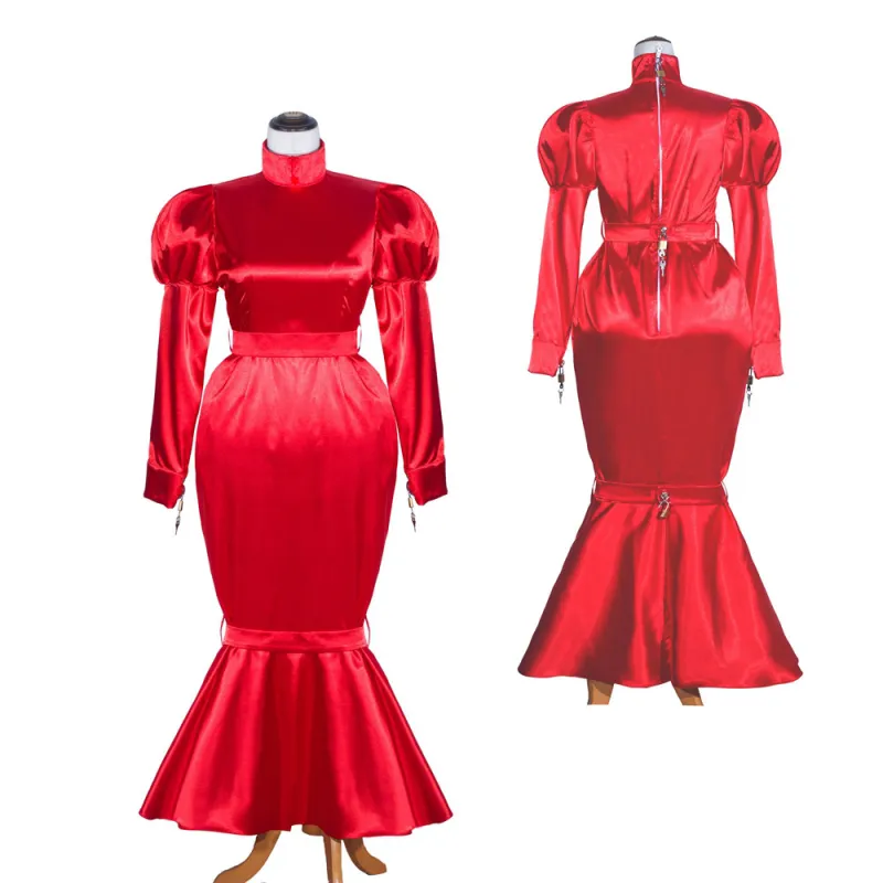 Red Satin Sissy Maid Lockable High Collar Puff Sleeves Long Dress G4061