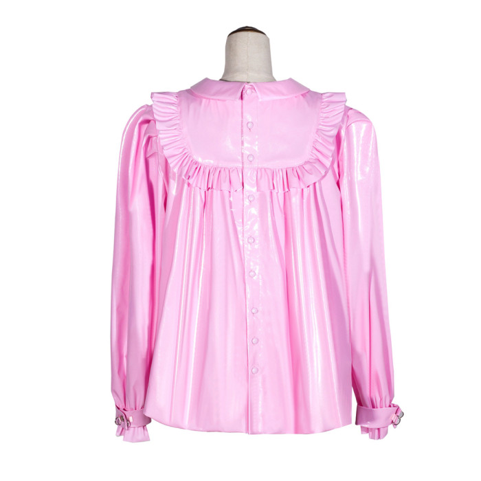 Baby Pink Thin PVC Sissy Maid Peter Pan Collar Puff Sleeves Short Blouse G4056