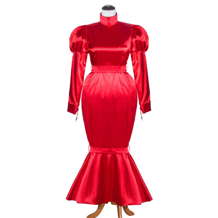 Red Satin Sissy Maid Lockable High Collar Puff Sleeves Long Dress G4061