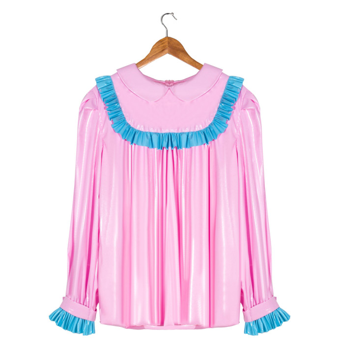 Baby Pink Thin PVC Sissy Maid Peter Pan Collar Puff Sleeves Short Blouse G4057