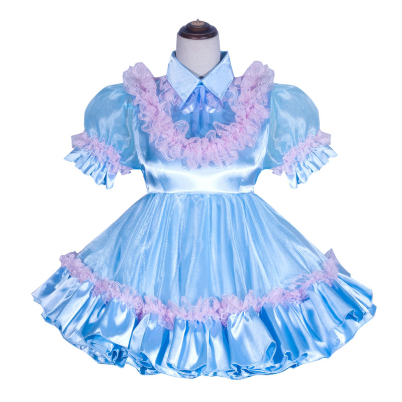 Baby Blue Satin Organza Sissy Maid Lockable Shirt Collar Puff Sleeves Short Dress G4059
