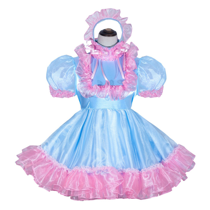 Baby Blue Satin Organza Sissy Maid Lockable High Collar Puff Sleeves Short Dress G4055
