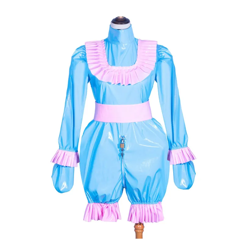 Baby Blue Thin PVC Sissy Maid Lockable High Collar Puff Sleeves Short Romper G4063