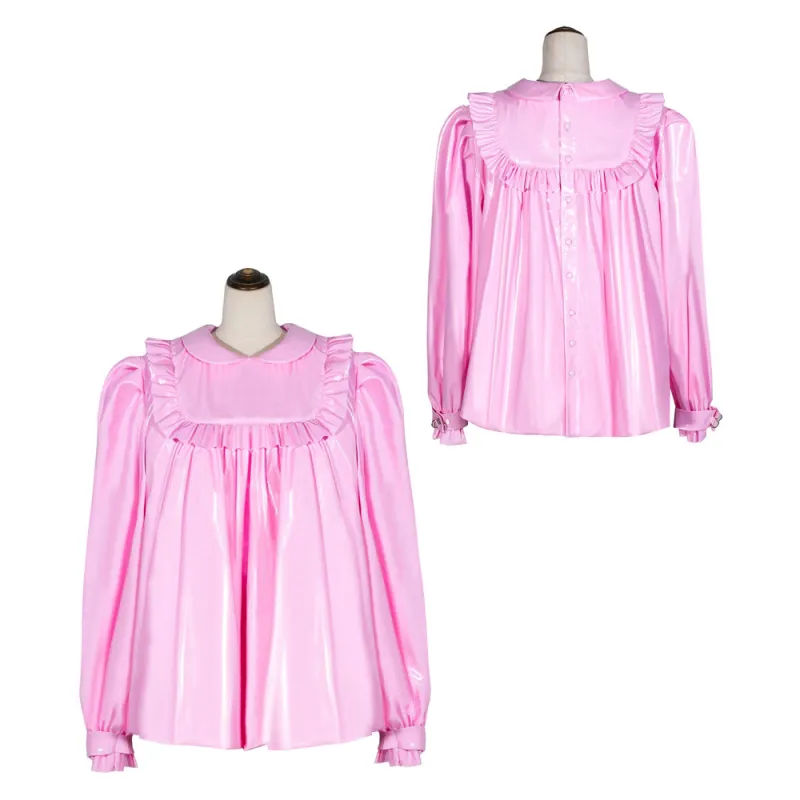 Baby Pink Thin PVC Sissy Maid Peter Pan Collar Puff Sleeves Short Blouse G4056
