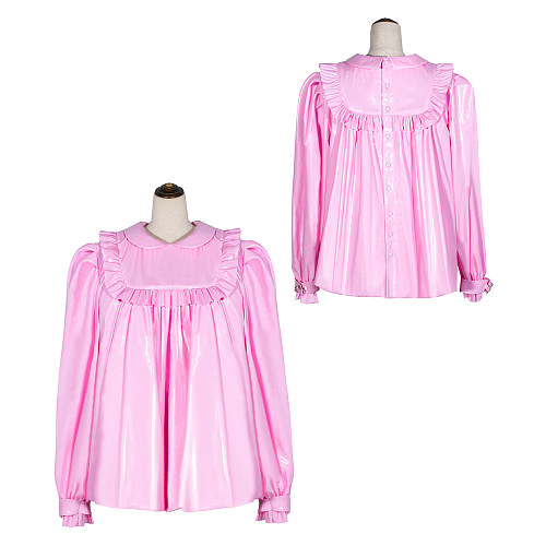 Baby Pink Thin PVC Sissy Maid Peter Pan Collar Puff Sleeves Short Blouse G4056