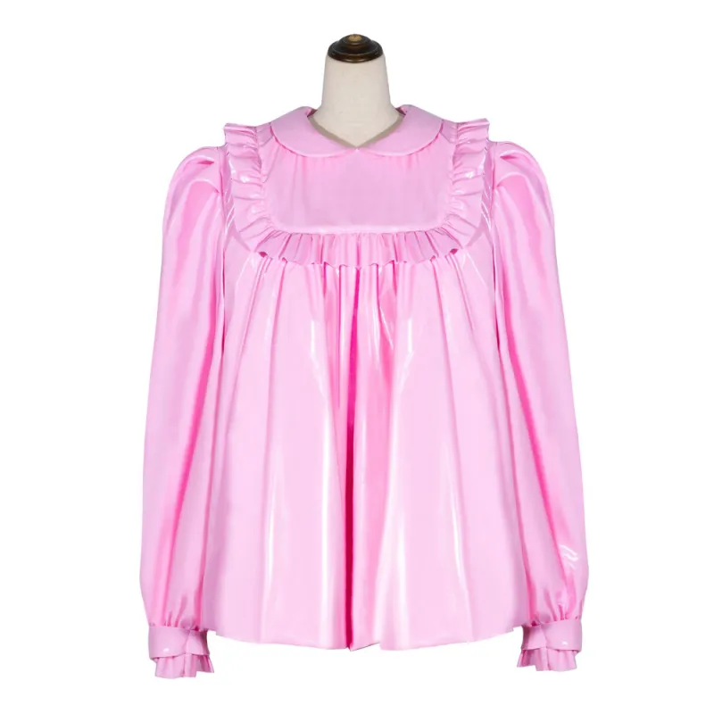 Baby Pink Thin PVC Sissy Maid Peter Pan Collar Puff Sleeves Short Blouse G4056