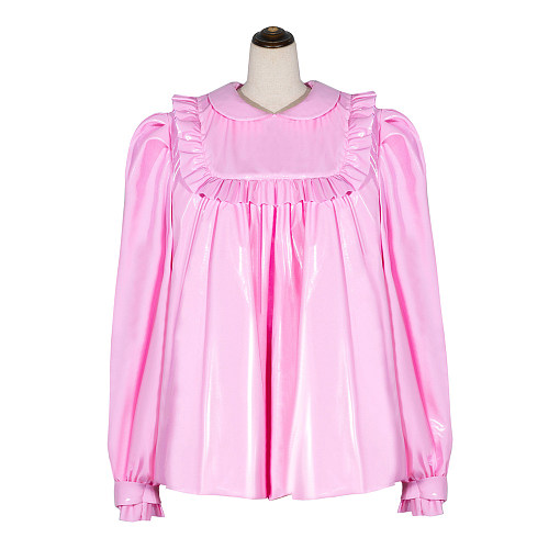 Baby Pink Thin PVC Sissy Maid Peter Pan Collar Puff Sleeves Short Blouse G4056
