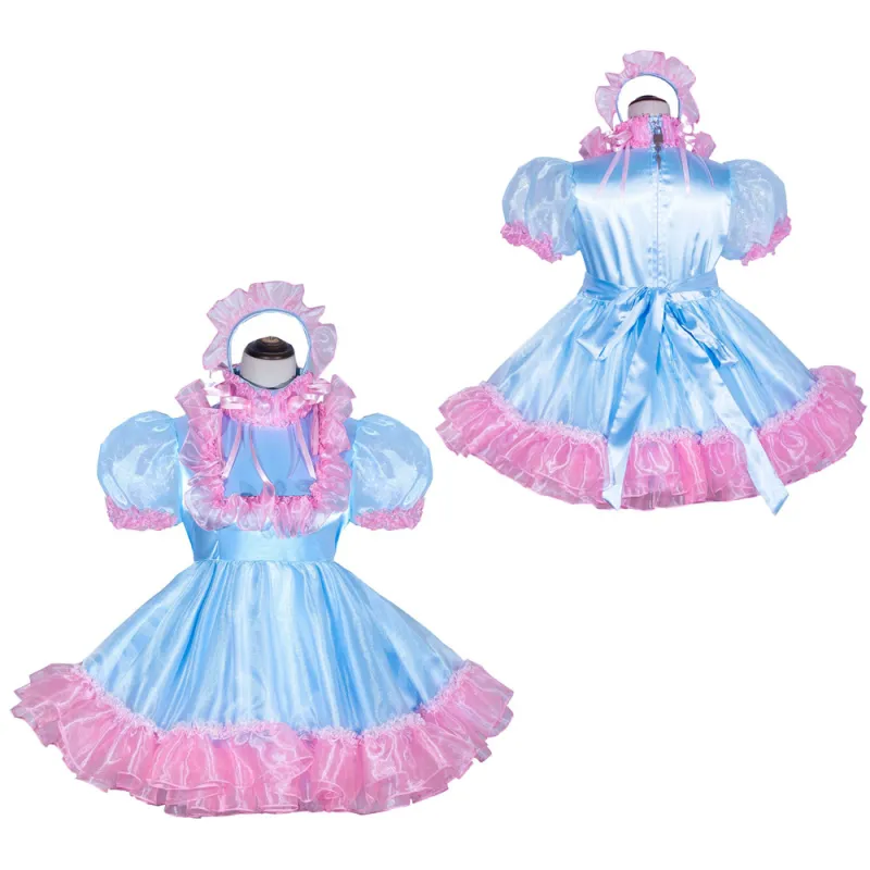 Baby Blue Satin Organza Sissy Maid Lockable High Collar Puff Sleeves Short Dress G4055