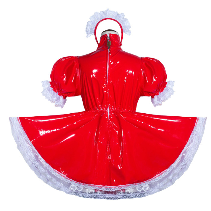 Red Thin PVC Sissy Maid Lockable High Collar Puff Sleeves Short Dress G4060