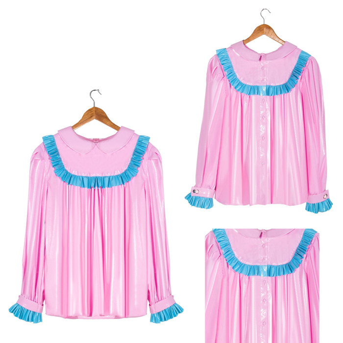 Baby Pink Thin PVC Sissy Maid Peter Pan Collar Puff Sleeves Short Blouse G4057