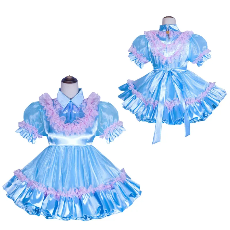 Baby Blue Satin Organza Sissy Maid Lockable Shirt Collar Puff Sleeves Short Dress G4059