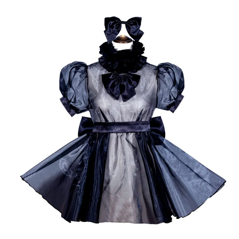 Black Organza Sissy Maid Lockable High Collar Puff Sleeves Short Dress G4054