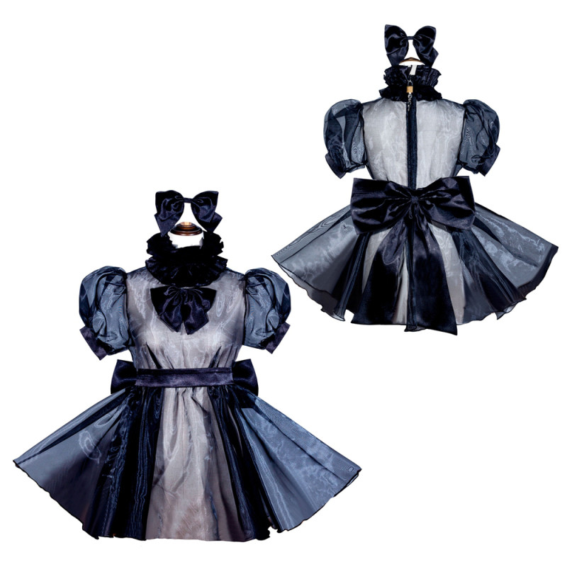 Black Organza Sissy Maid Lockable High Collar Puff Sleeves Short Dress G4054