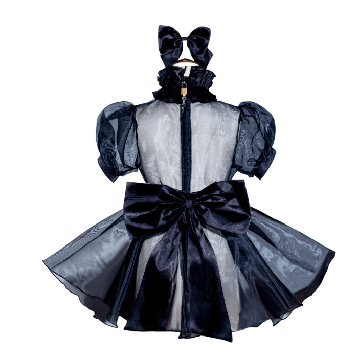 Black Organza Sissy Maid Lockable High Collar Puff Sleeves Short Dress G4054