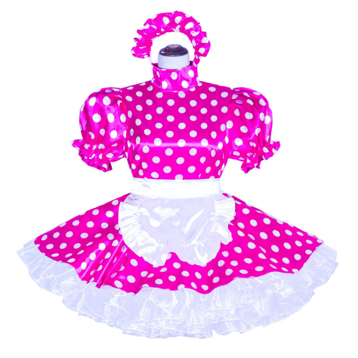 Hot Pink Dots Satin Sissy Maid Lockable High Collar Puff Sleeves Short Dress G4045
