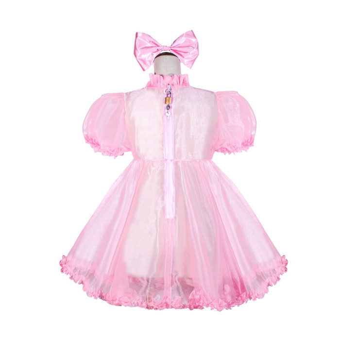 Baby Pink Organza Sissy Maid Lockable V-Neck Puff Sleeves Short Dress G4052