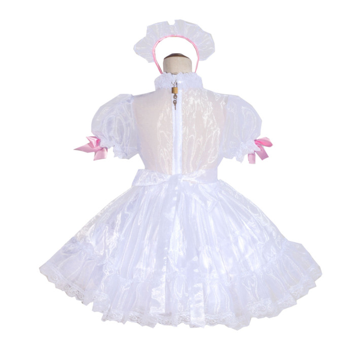 Baby Pink Satin Sissy Maid Lockable High Collar Puff Sleeves Short Dress G4048
