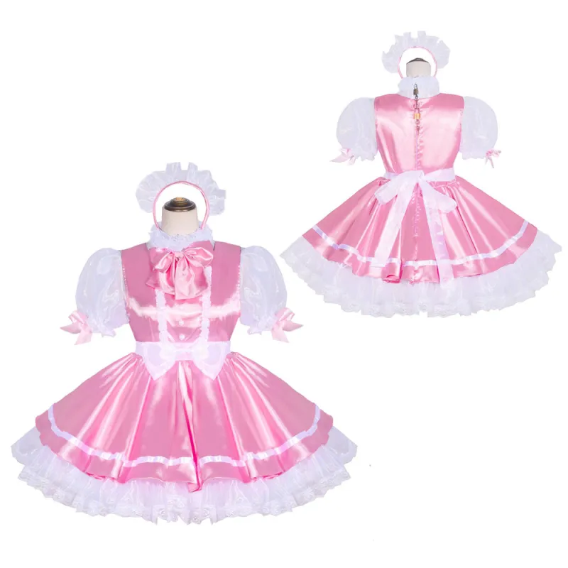 Baby Pink Satin Sissy Maid Lockable High Collar Puff Sleeves Short Dress G4048