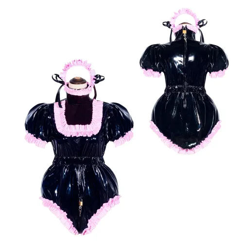 Black Heavy PVC Sissy Maid Lockable High Collar Puff Sleeves Short Romper G4049