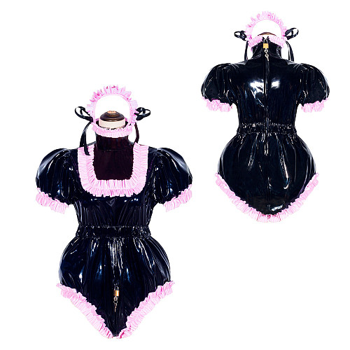 Black Heavy PVC Sissy Maid Lockable High Collar Puff Sleeves Short Romper G4049
