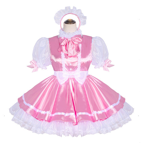 Baby Pink Satin Sissy Maid Lockable High Collar Puff Sleeves Short Dress G4048