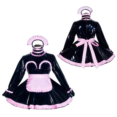 Black Heavy PVC Sissy Maid Lockable High Collar Puff Sleeves Short Dress G4051