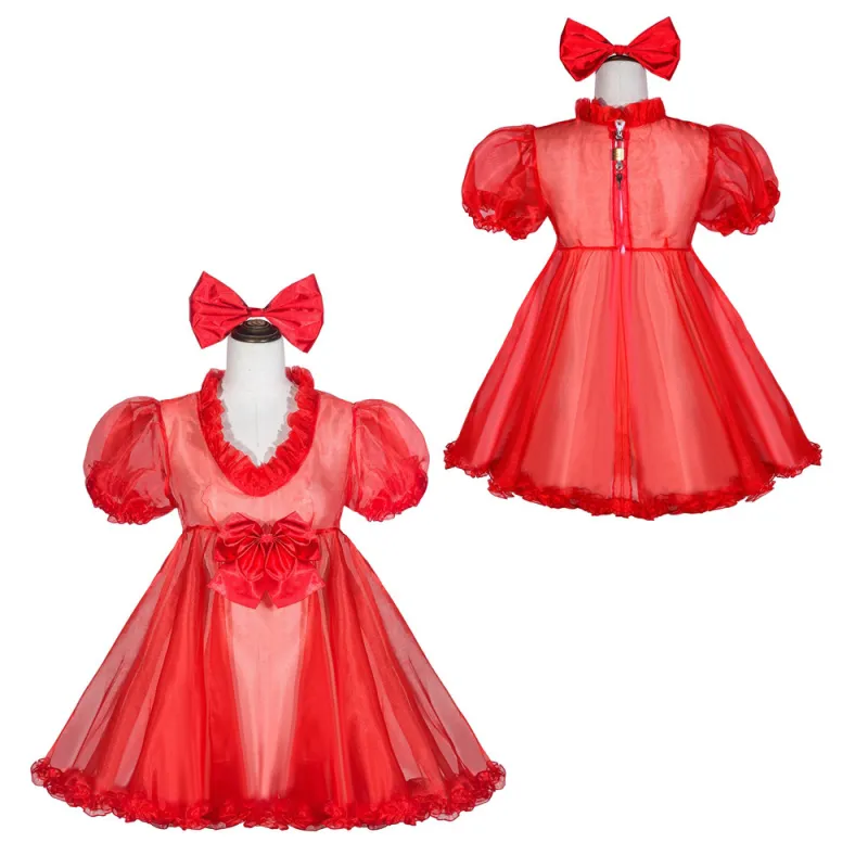 Red Organza Sissy Maid Lockable V-Neck Puff Sleeves Short Dress G4053